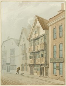 Gamla hus mittemot Köpmannahuset (akvarell på papper) av Thomas Leeson the Elder Rowbotham