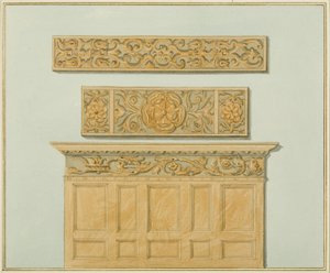 Delar av panelen och frisen, i Langton Mansion, på baksidan (akvarell på papper) av Thomas Leeson the Elder Rowbotham