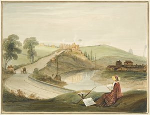 Totterdown och Pile Hill från Bath Road, som visar Brislington Turnpike (med en Miss Braikenridge? Skissande) av Thomas Leeson the Elder Rowbotham