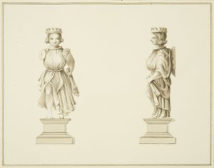 Två vyer av en snidad träfigur i salongen i St John