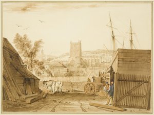 Utsikt från Acramans timmergård, Wapping, med utsikt mot katedralen av Thomas Leeson the Elder Rowbotham