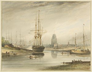 Vy tittar uppför floden, tagen underifrån Rope Walk and Wapping, c.1804 av Thomas Leeson the Elder Rowbotham