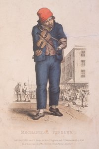 Spelman med en armprotes, med en marknad i bakgrunden, 1820