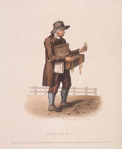 Pedlar med sin låda med varor hängde runt halsen, 1820