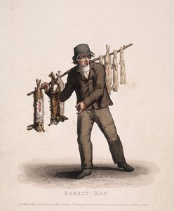 Kaninsäljare som bär en stolpe hängd med kaniner, 1820