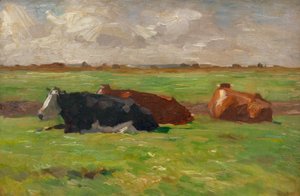 Nordtyskt sommarlandskap med liggande kor av Thomas Ludwig Herbst