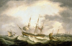 A Three Master på drift i Downs med hjälp till hands (olja på duk) av Thomas Luny