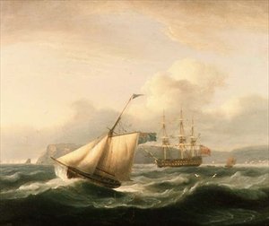 En tvådäckare förankrad i Torbays hamn, med en kutter i förgrunden av Thomas Luny