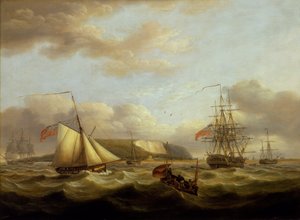 En kutter som passerar akter om en fregatt, tidigt 1800-tal (olja på duk) av Thomas Luny