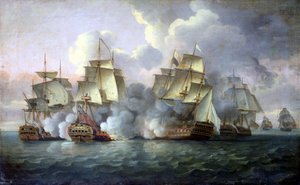 HMS "Mediator" i strid med franska och amerikanska fartyg av Thomas Luny