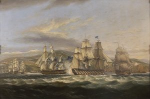 .FRÖKEN. Caledonia och H.M.S. Boyne jagar den franska flottan in i Toulon av Thomas Luny