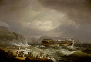 Förlisningen av Ostindiska kompaniets handelsfartyg "Dutton" utanför Plymouth i England den 26 januari av Thomas Luny