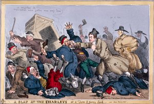 "En smäll på Charleys eller en Tom & Jerry lärka, video New Police Bill", 1829 av Thomas McLean