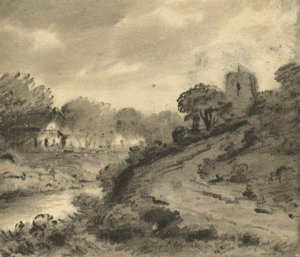 Ett trädbevuxet flodlandskap med en sten i vänster förgrund, ca 1800