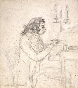 J. M. W. Turner vid ett ritbord; Verso: Mrs. Monro Asleep (penna på benvitt papper)