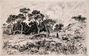 En sydlig vind och en molnig himmel Proklamera det till en jaktmorgon (etsning) av Thomas Moran