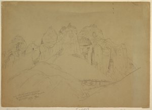 Teckning, Rio Virgin River med stora klippformationer, 1873 av Thomas Moran