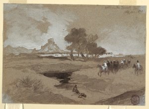 Teckning, Vattenhål i öknen, Utah, 1873 av Thomas Moran