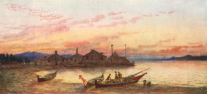 Siwash Village, Stillahavskusten (färglitografi) av Thomas Mower Martin