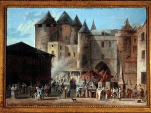 Place du Grand Chatelet i Paris Street scen vid tiden för den franska revolutionen. Målning av Thomas Naudet (1778-1810)
