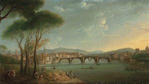 En utsikt över Arno, Florens, från Cascine Gardens, med figurer som fiskar och vilar på klipporna i förgrunden, Ponte alla Carità och Ponte Vecchio bortom