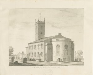 Bloxwich Church: sepiateckning, 1837 av Thomas Peploe Wood