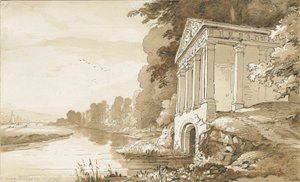 Colwich - Temple nära Wolseley Bridge: sepiatvättteckning, nd [1837-1838] (ritning) av Thomas Peploe Wood