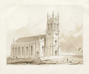 Coseley Church: sepiatvättteckning, nd [1841] av Thomas Peploe Wood