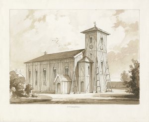 Ettingshalls kyrka: sepia tvättteckning, 1841 av Thomas Peploe Wood