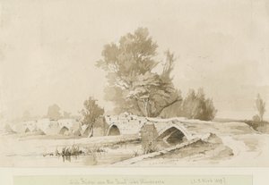 Handsacre - Old High Bridge: sepiateckning, 1839 av Thomas Peploe Wood
