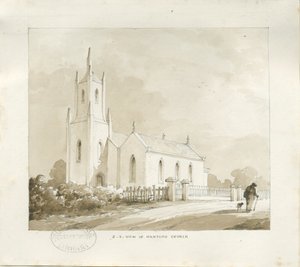 Hanford Church: ritning med blyerts och tvätt, nd [?1838] (ritning) av Thomas Peploe Wood
