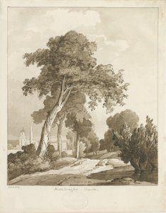 Marchington Church: sepiatvättteckning, 1836 av Thomas Peploe Wood