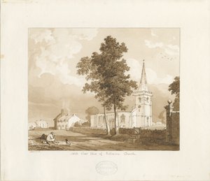 Rolleston Church: röd sepiateckning, 1836 av Thomas Peploe Wood