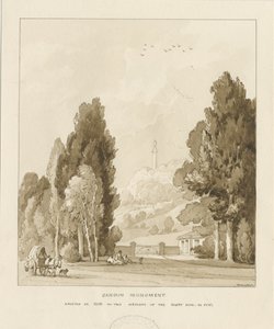 Sandon - Monument till William Pitt: sepiatvättteckning, 1838 av Thomas Peploe Wood