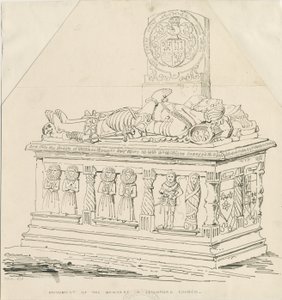 Seighford Church - Tomb of William and Mercy Bowyer: ritning med penna och bläck av Thomas Peploe Wood