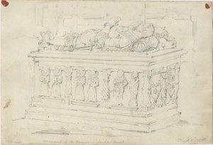Seighford Church - Tomb of William and Mercy Bowyer: blyertsteckning av Thomas Peploe Wood