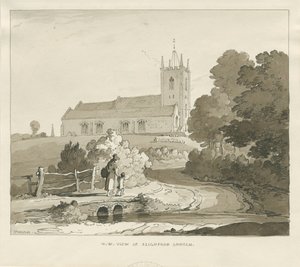 Seighford Church: sepiatvättteckning av Thomas Peploe Wood