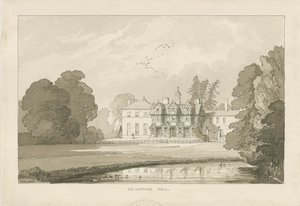 Seighford Hall: sepia-tvättad ritning av Thomas Peploe Wood