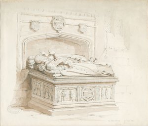 Stowe Church - Bordsgrav [av Sir Walter Devereux]: sepiateckning av Thomas Peploe Wood