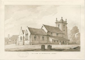 Swynnerton Church: sepiatvättteckning, 1838 av Thomas Peploe Wood