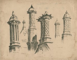 Thickbroom Hall ["Manley Hall"] - Finials och skorstenar: litografi, 1838 av Thomas Peploe Wood