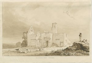 Tittensor - Old Manor House: sepiatvättteckning, 1837 av Thomas Peploe Wood