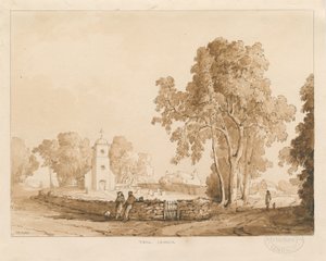 Tixall kyrka: röd-sepia teckning, 1837 av Thomas Peploe Wood