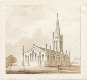 Tunstall kyrka: ritning med penna och tvätt, 1838 av Thomas Peploe Wood