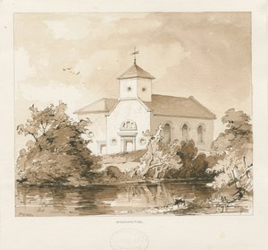 Wigginton Church: sepiatvättteckning, 1841 av Thomas Peploe Wood
