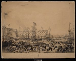 Sjösättningen av Trafalgar, i närvaro av Hennes Nådige Majestät Drottning Victoria och Hans Kungliga Höghet Prins Albert, vid H.M. Dock Yard, Woolwich... av Thomas Picken