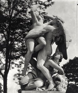 Saturnus som för bort Cybele, allegori över jorden, ca 1675-80, fotograferad i Jardin des Tuileries, Paris, av Adolphe Giraudon (1849-1929) (marmor) (svart/vitt foto) av Thomas Regnaudin