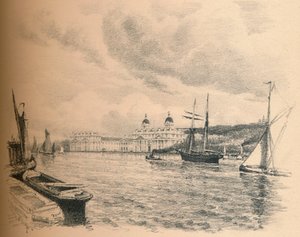 Greenwich Palace från floden, 1902 av Thomas Robert Way