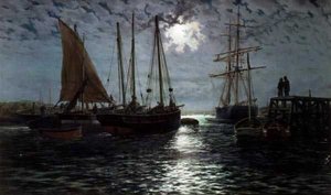 A Moonlit Harbor (olja på duk)