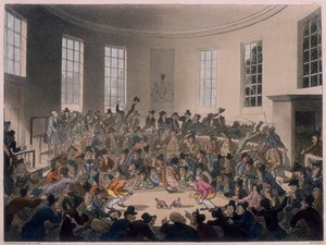 Män som tittar på en tuppfäktning, sent 1700-tidigt 1800-tal